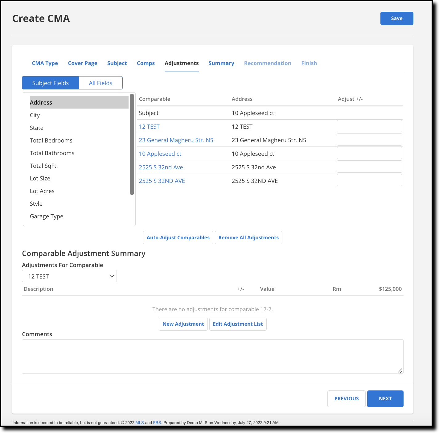 Adjustments Tab (CMA) CTARMLS Member Support